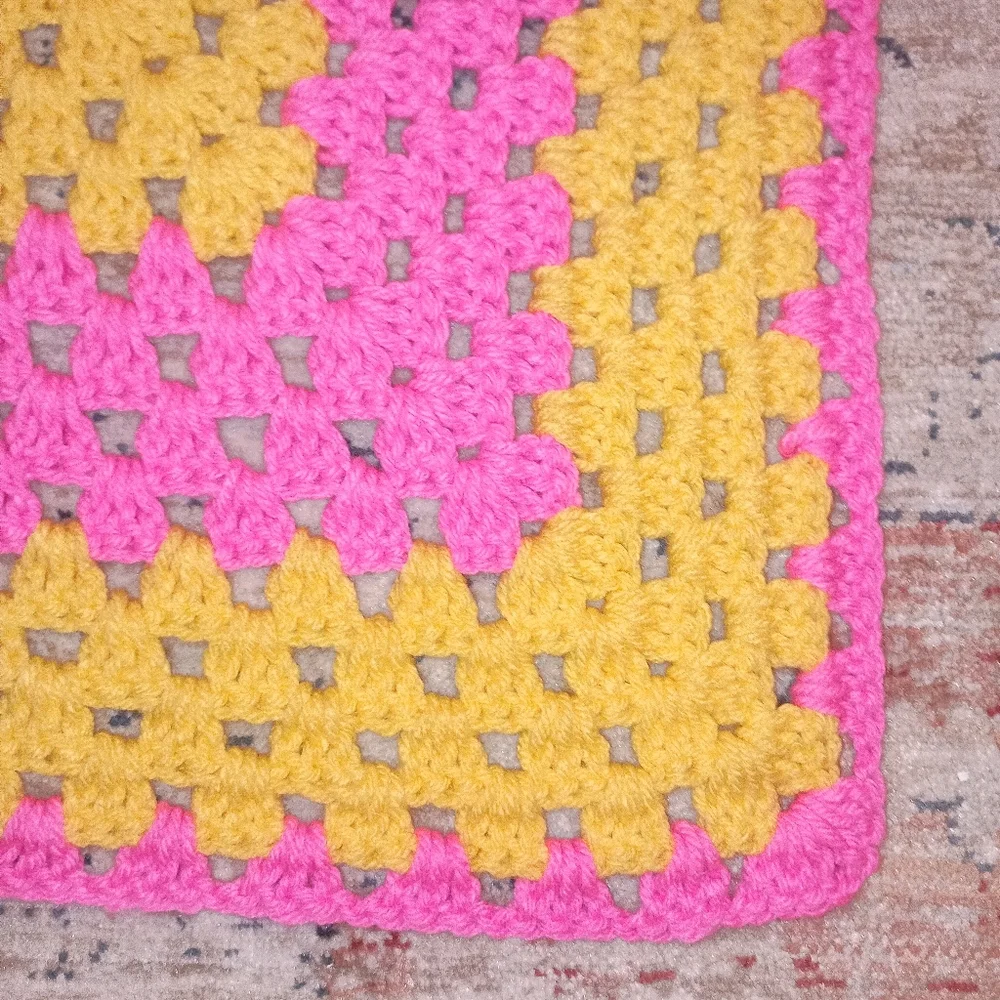 Granny Square  Hand Made Crochet Hot Pink yellow Small Lap Blanket